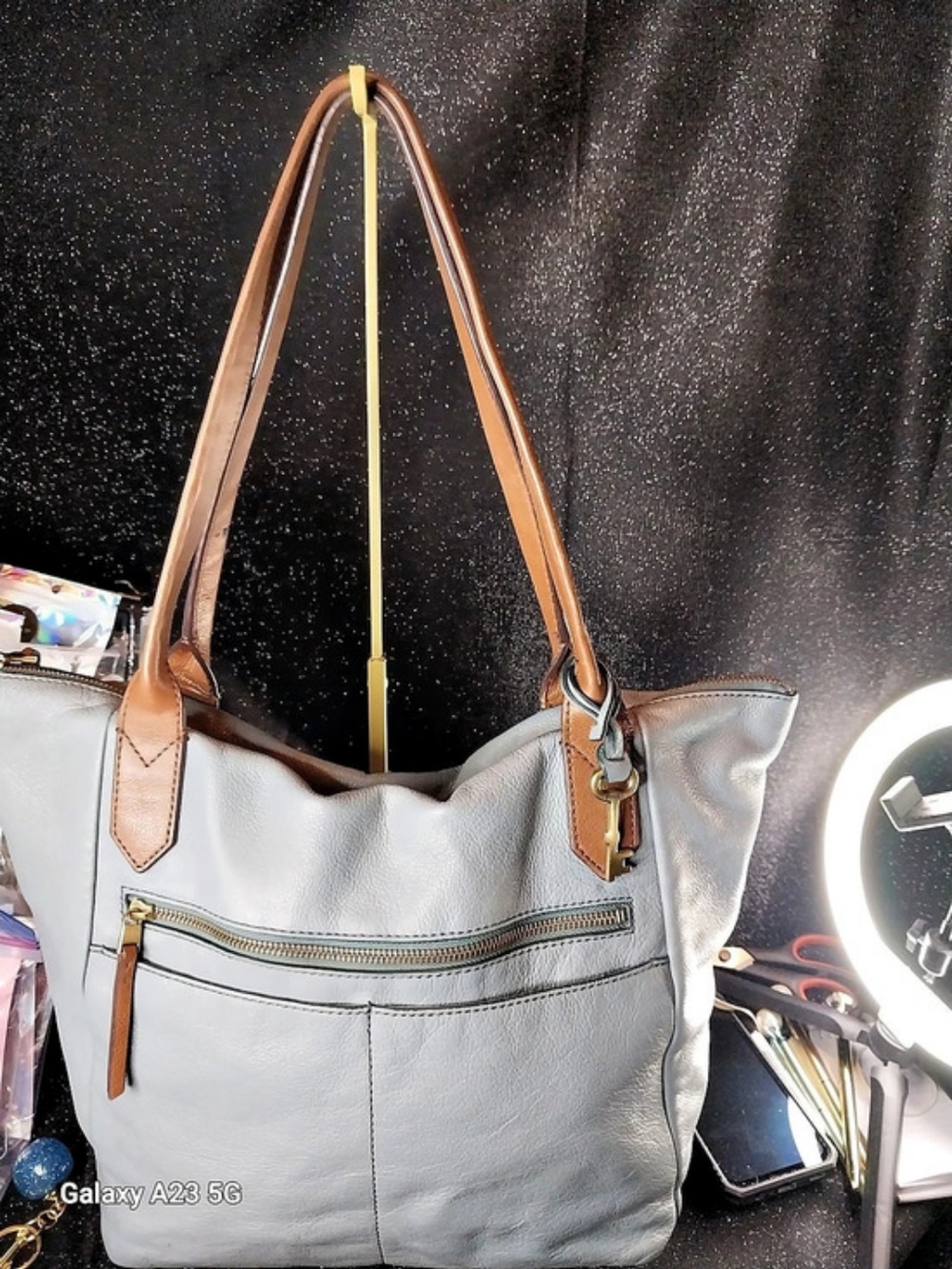 Fossil Gray Tote Bag Gold-Tone Hardware